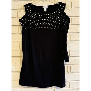 Cache Black Cold Shoulder 3/4 Sleeve Beaded ‎ Top size Small